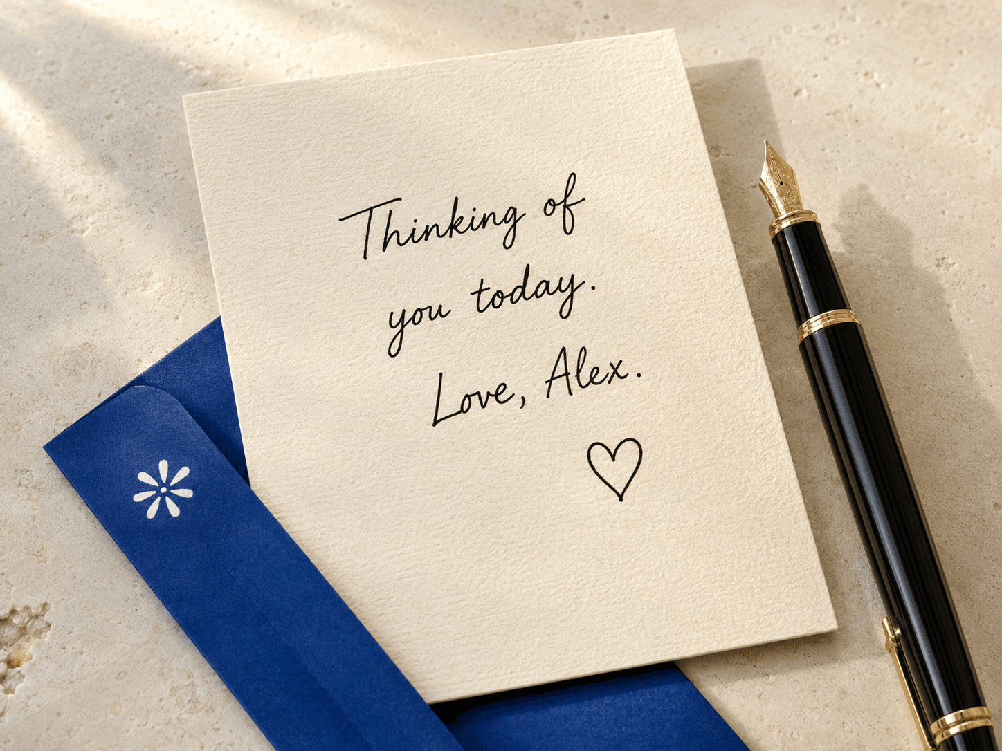 Handwritten card that reads Thinking of you today. Love, Alex.